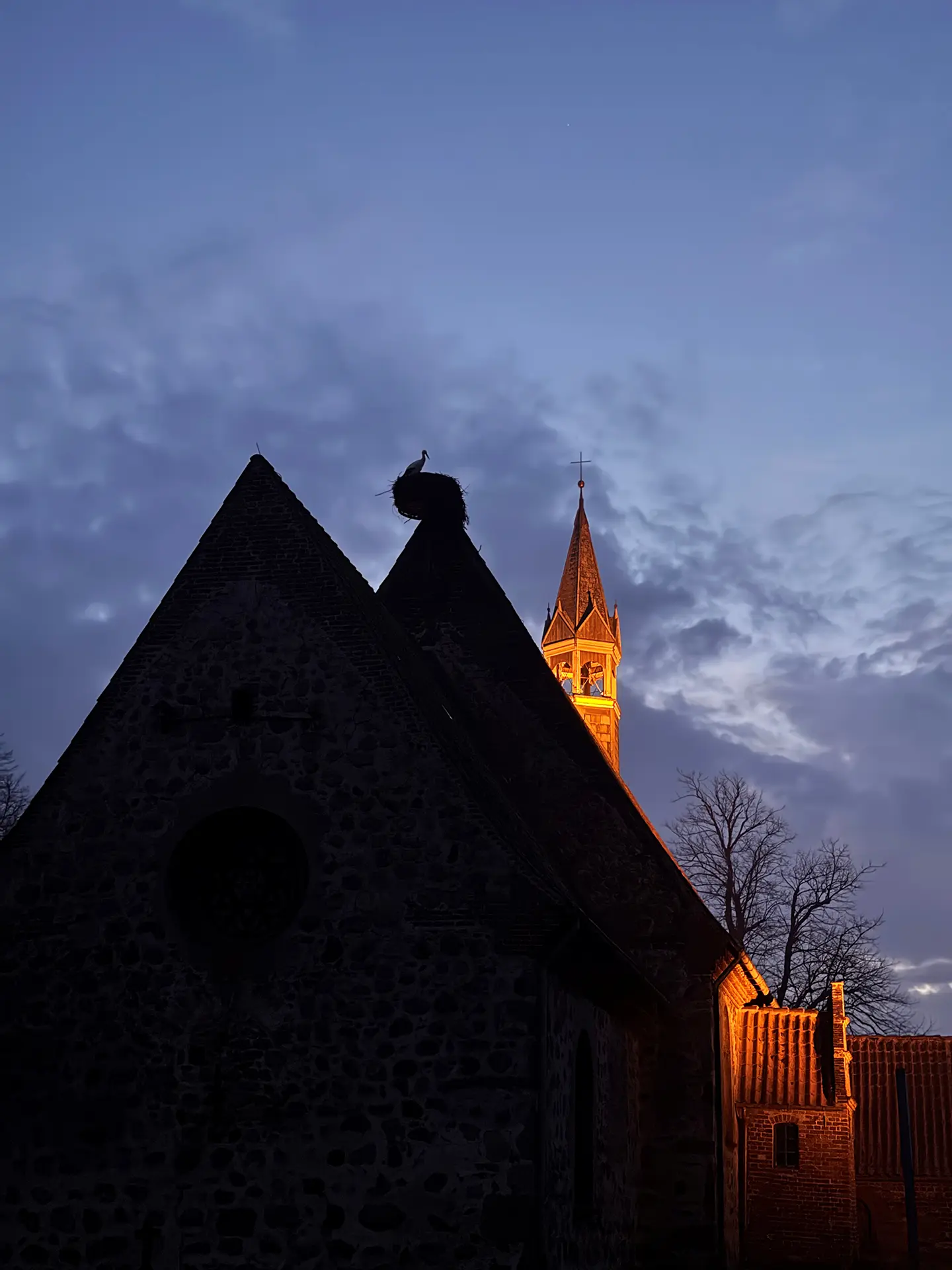 startseite_text Ein Storchennest auf einem Kirchendach vor einem dramatischen Abendhimmel. Im Hintergrund beleuchtet die untergehende Sonne den Kirchturm.